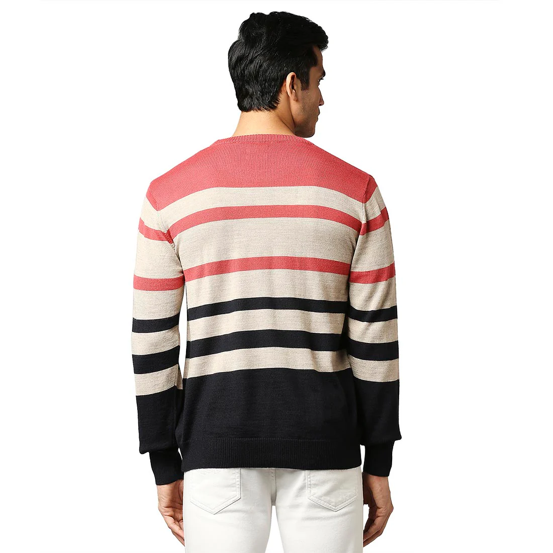 Men Fawn Stripe Acrylic Wool Blend Round Collar Sweaters - Image 4