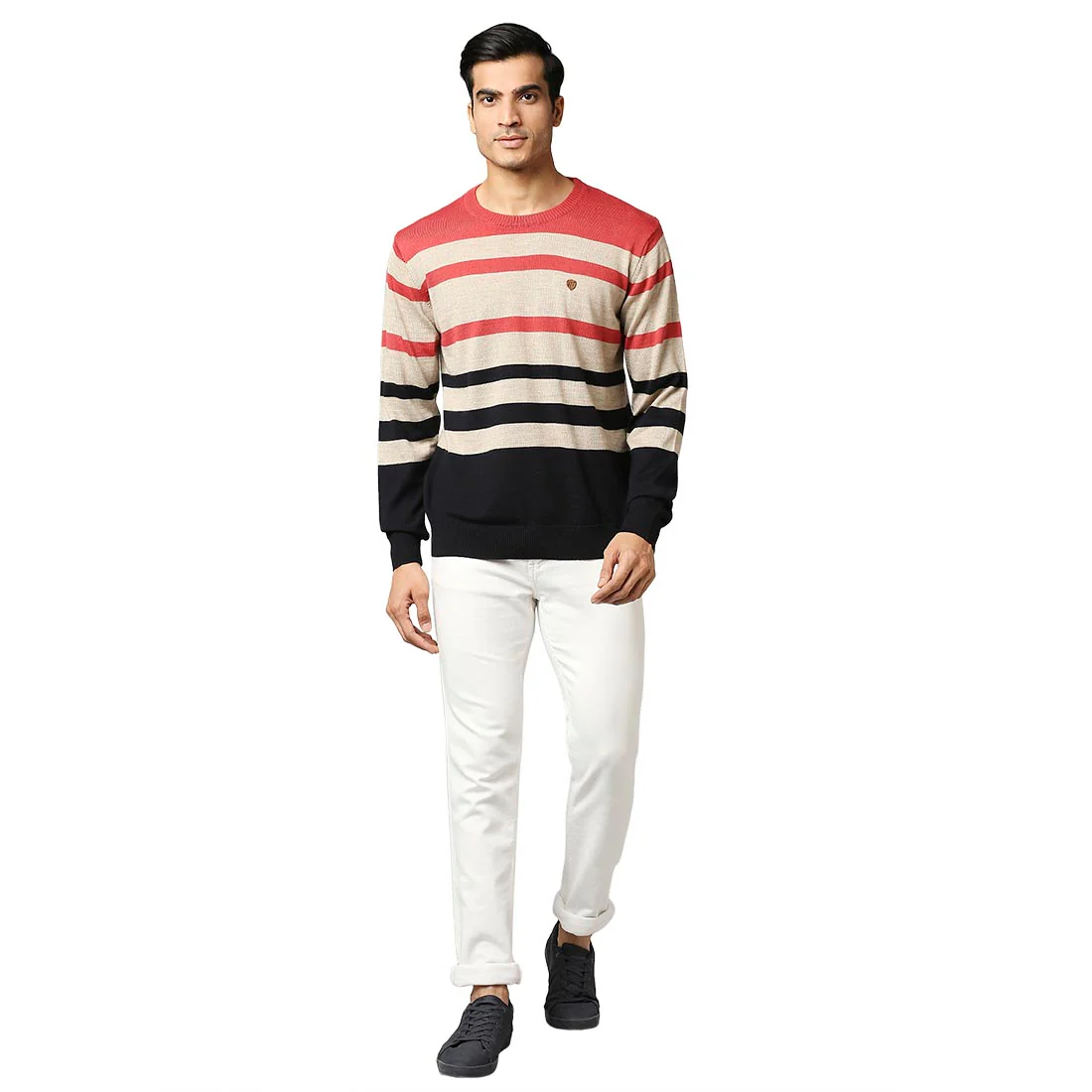 Men Fawn Stripe Acrylic Wool Blend Round Collar Sweaters - Image 5