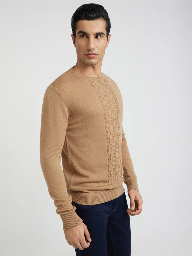 Men Fawn Structure Cable Acrylic Wool Blend Round Collar Sweaters - Image 2