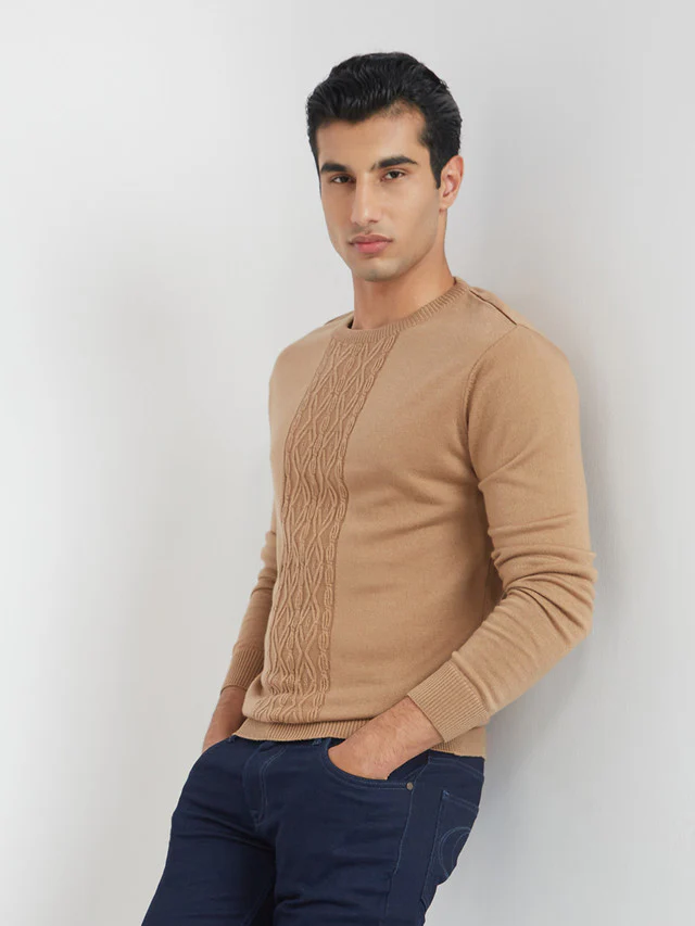 Men Fawn Structure Cable Acrylic Wool Blend Round Collar Sweaters - Image 3