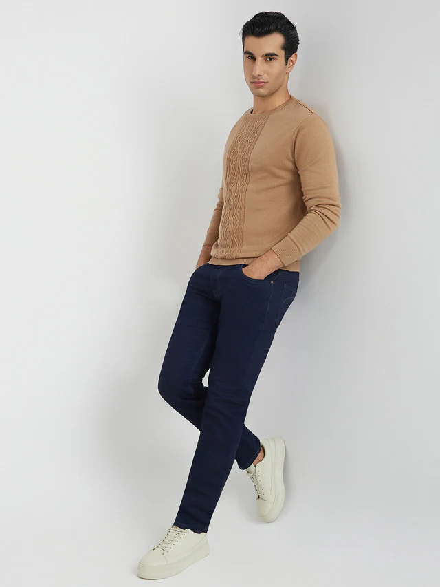 Men Fawn Structure Cable Acrylic Wool Blend Round Collar Sweaters - Image 5