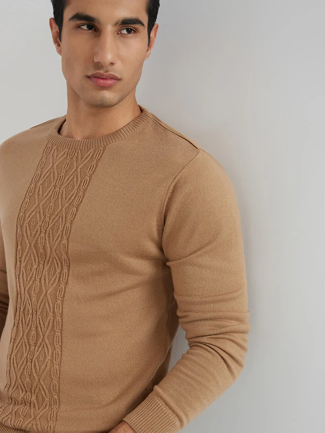 Men Fawn Structure Cable Acrylic Wool Blend Round Collar Sweaters - Image 6