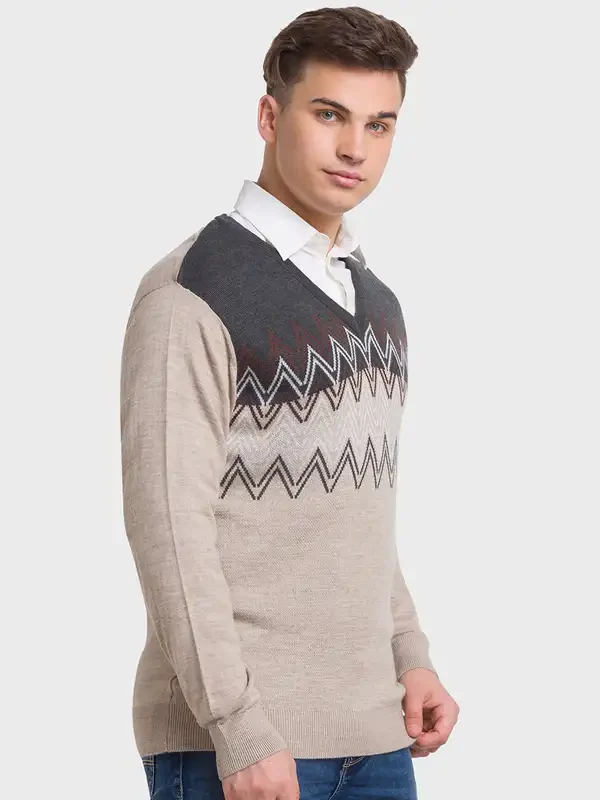Men Fawn Tailored Fit Jacquard Acrylic Merino Blend Full Sleeve V Neck Collar Sweaters - Image 2