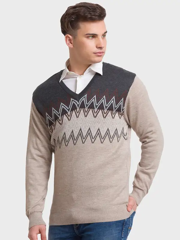 Men Fawn Tailored Fit Jacquard Acrylic Merino Blend Full Sleeve V Neck Collar Sweaters - Image 3