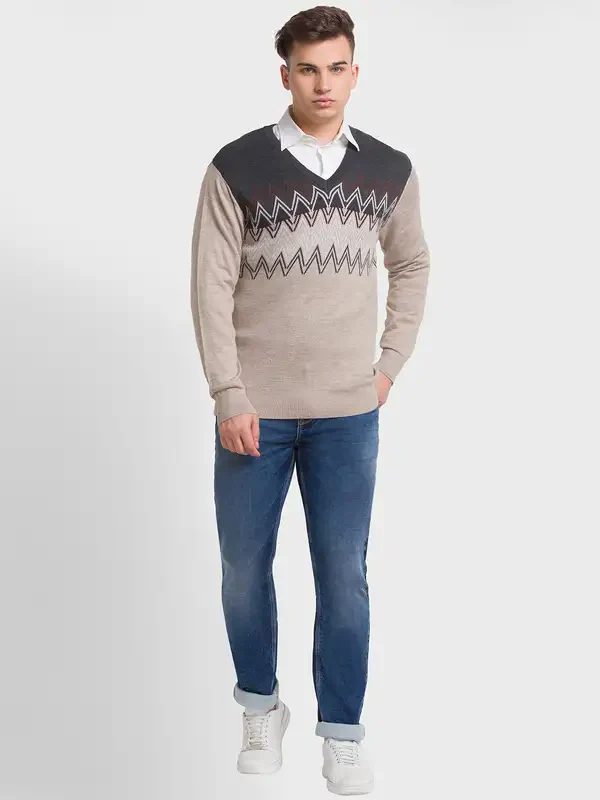 Men Fawn Tailored Fit Jacquard Acrylic Merino Blend Full Sleeve V Neck Collar Sweaters - Image 5