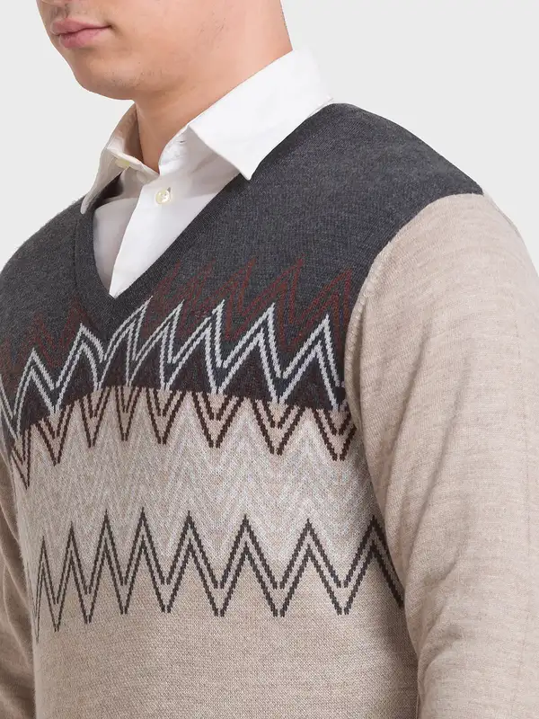 Men Fawn Tailored Fit Jacquard Acrylic Merino Blend Full Sleeve V Neck Collar Sweaters - Image 6
