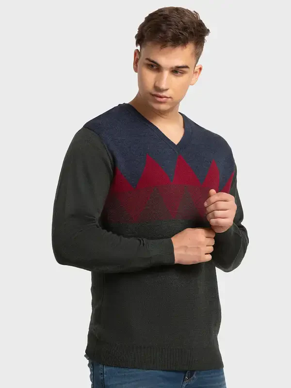 Men Fawn Tailored Fit Jacquard Merino Wool Acrylic Blend Full Sleeve V Neck Collar Sweaters - Image 2
