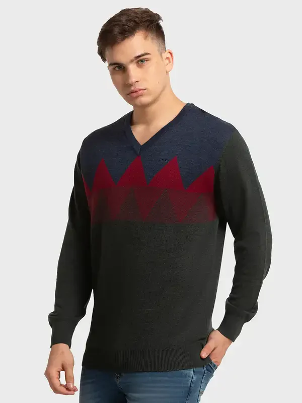 Men Fawn Tailored Fit Jacquard Merino Wool Acrylic Blend Full Sleeve V Neck Collar Sweaters - Image 3