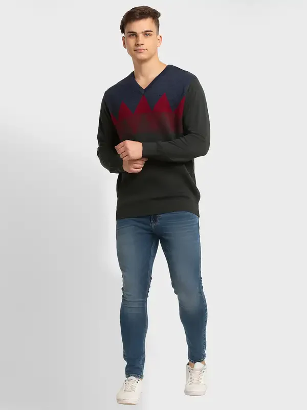 Men Fawn Tailored Fit Jacquard Merino Wool Acrylic Blend Full Sleeve V Neck Collar Sweaters - Image 5