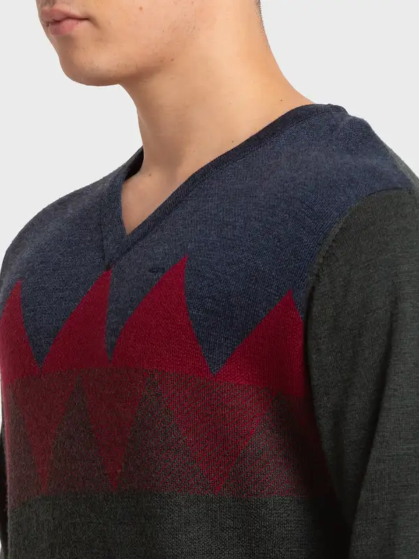 Men Fawn Tailored Fit Jacquard Merino Wool Acrylic Blend Full Sleeve V Neck Collar Sweaters - Image 6
