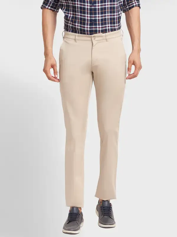 Men Fawn Tailored Fit Solid Piece Dyed Polyester Blend Trouser
