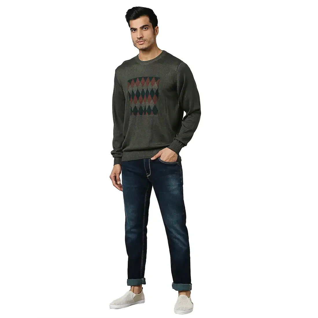 Men Green Argyle Acrylic Wool Blend Round Collar Sweaters - Image 5
