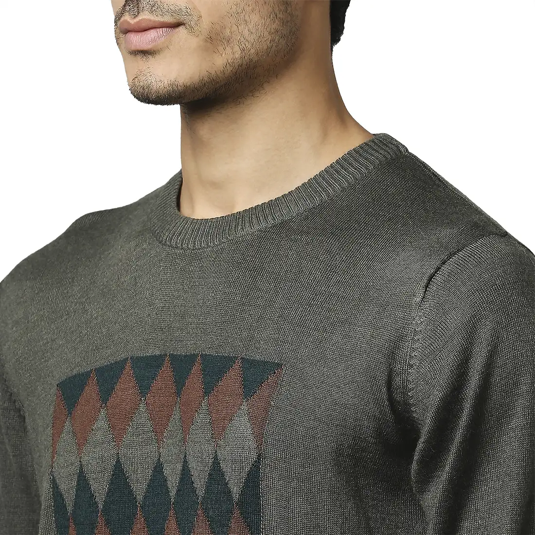 Men Green Argyle Acrylic Wool Blend Round Collar Sweaters - Image 6