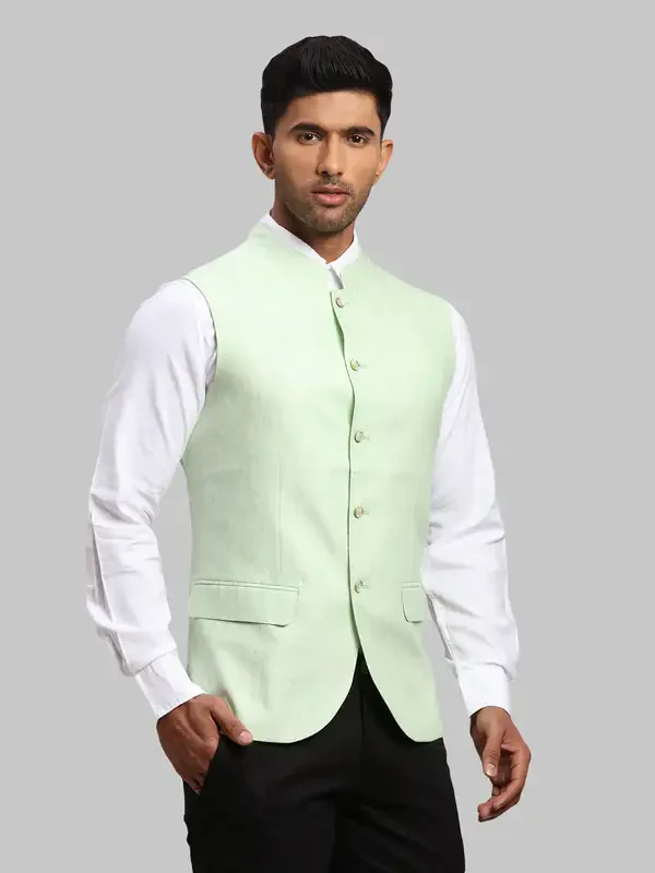 Men Green Chambray Linen Waist Coat - Image 2