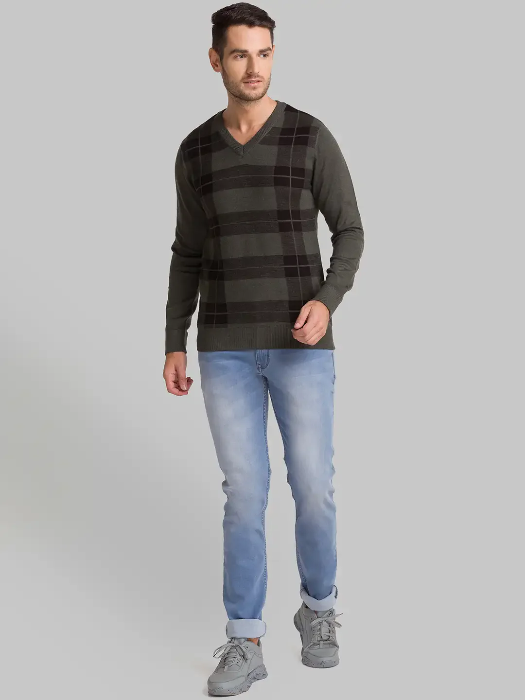 Men Green Checks Acrylic Blend Full Sleeve Sweaters - Image 5