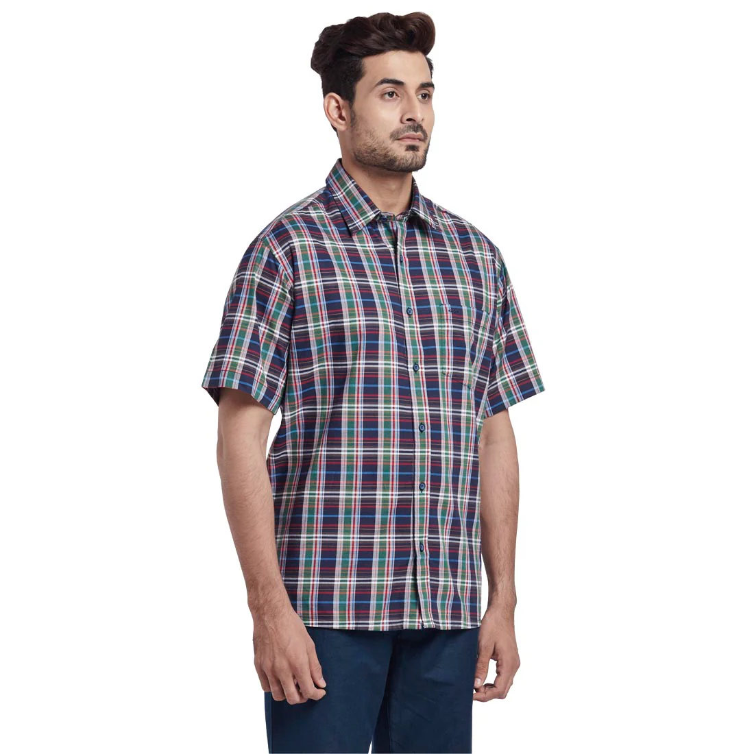 Men Green Classic Fit Checks Cotton Half Sleeve Shirts - Image 2