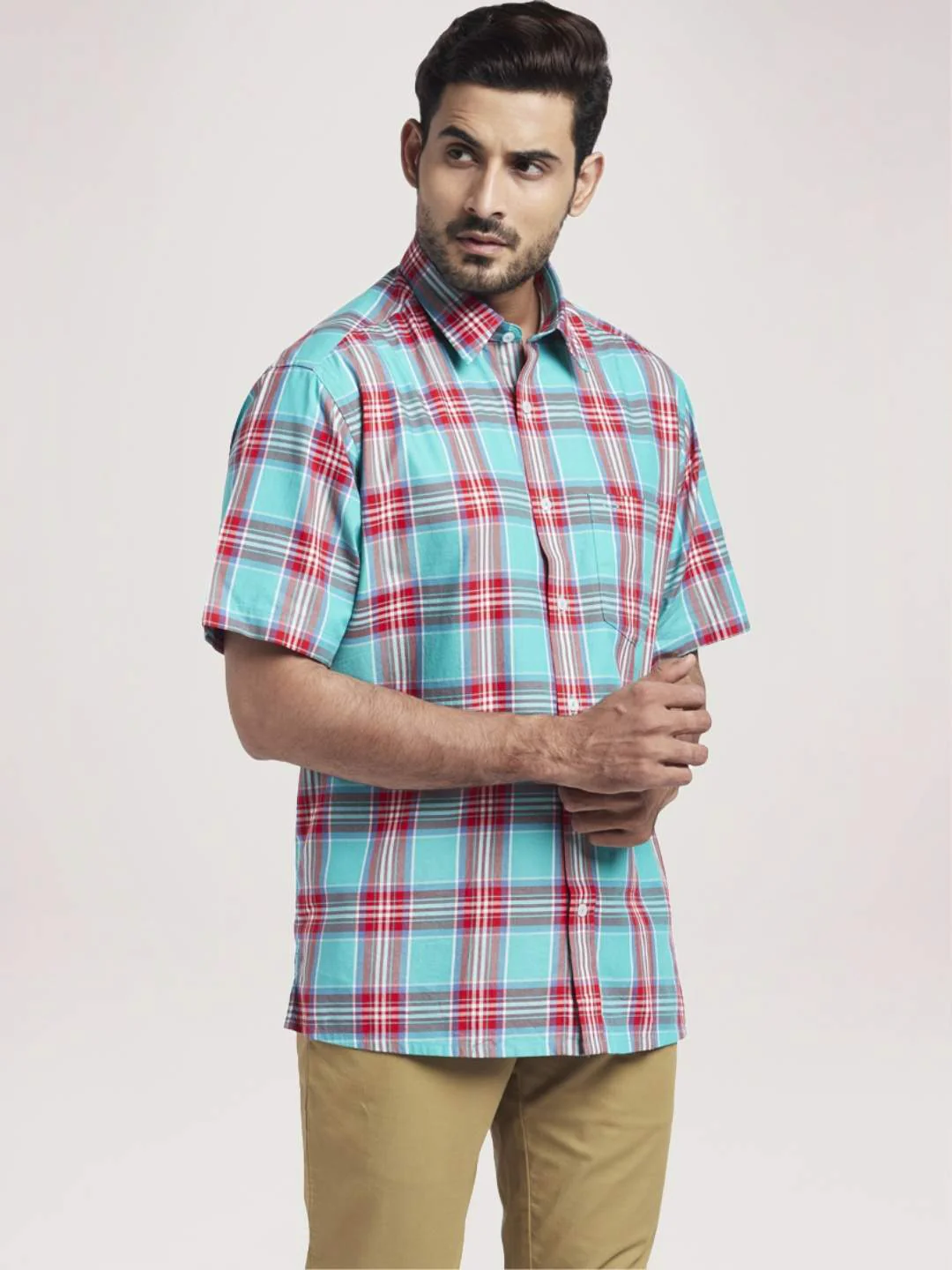 Men Green Classic Fit Checks Cotton Half Sleeve Shirts