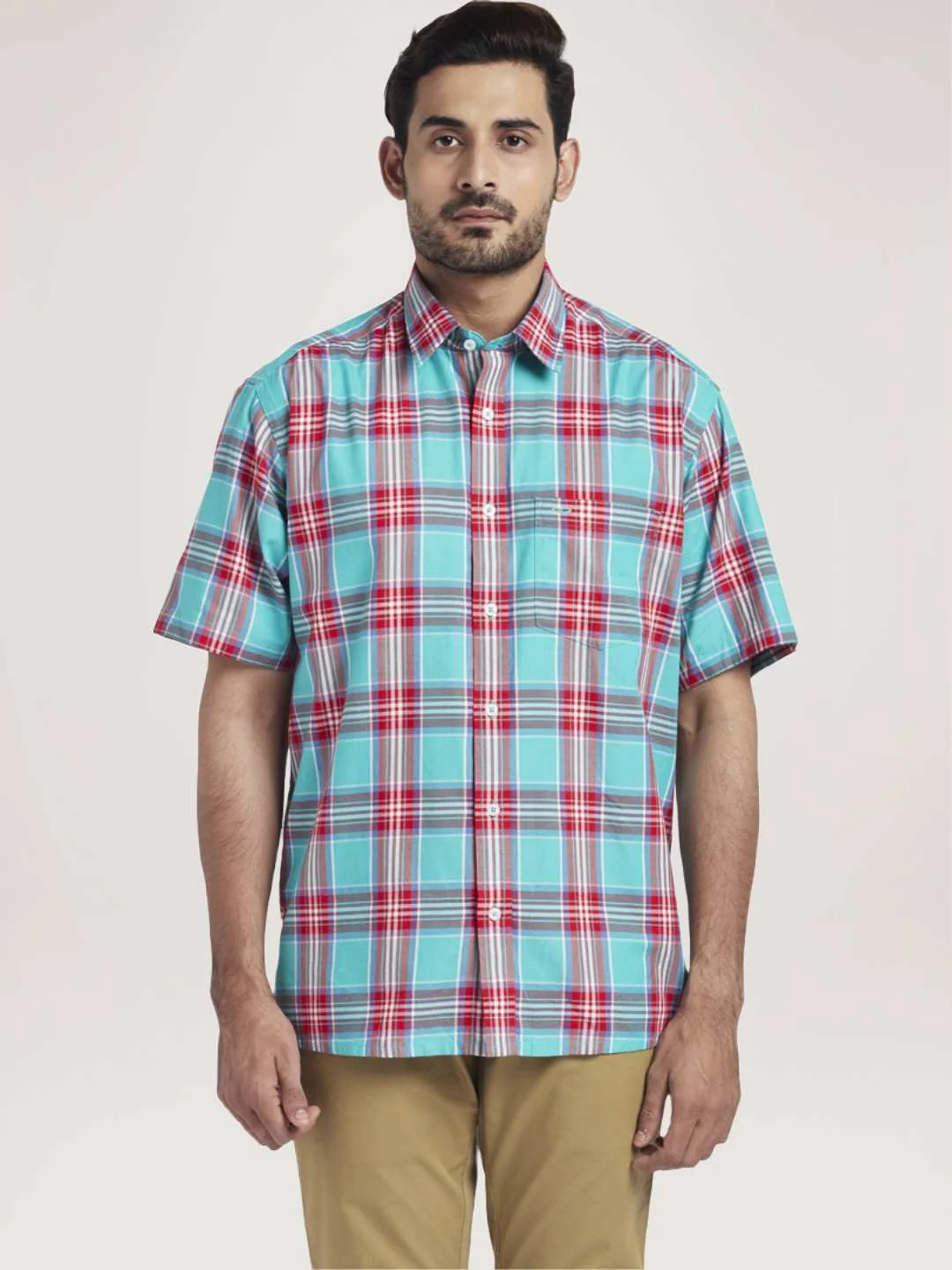Men Green Classic Fit Checks Cotton Half Sleeve Shirts - Image 3
