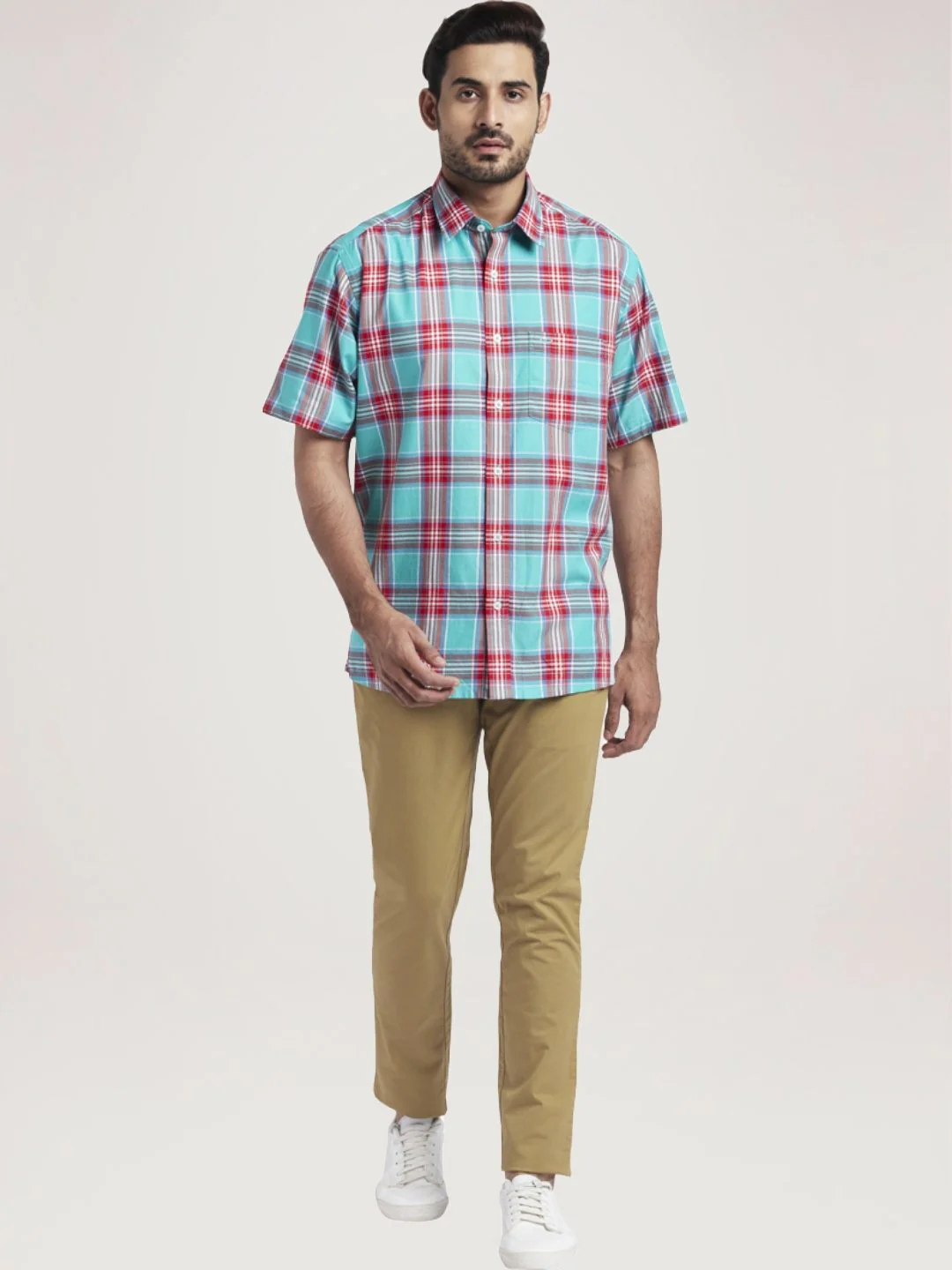 Men Green Classic Fit Checks Cotton Half Sleeve Shirts - Image 5