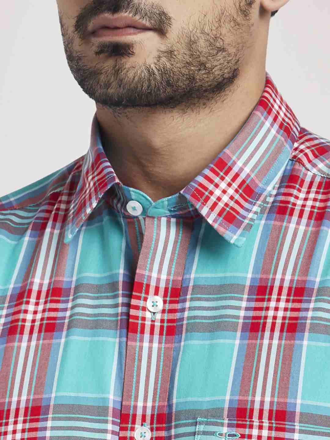 Men Green Classic Fit Checks Cotton Half Sleeve Shirts - Image 6