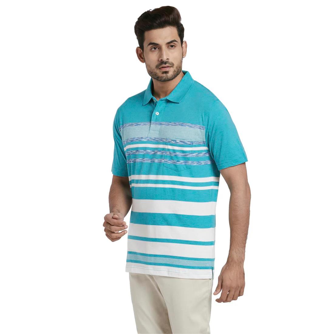 Men Green Classic Fit Stripe Engineered Cotton Half Sleeve T-Shirt - Image 3