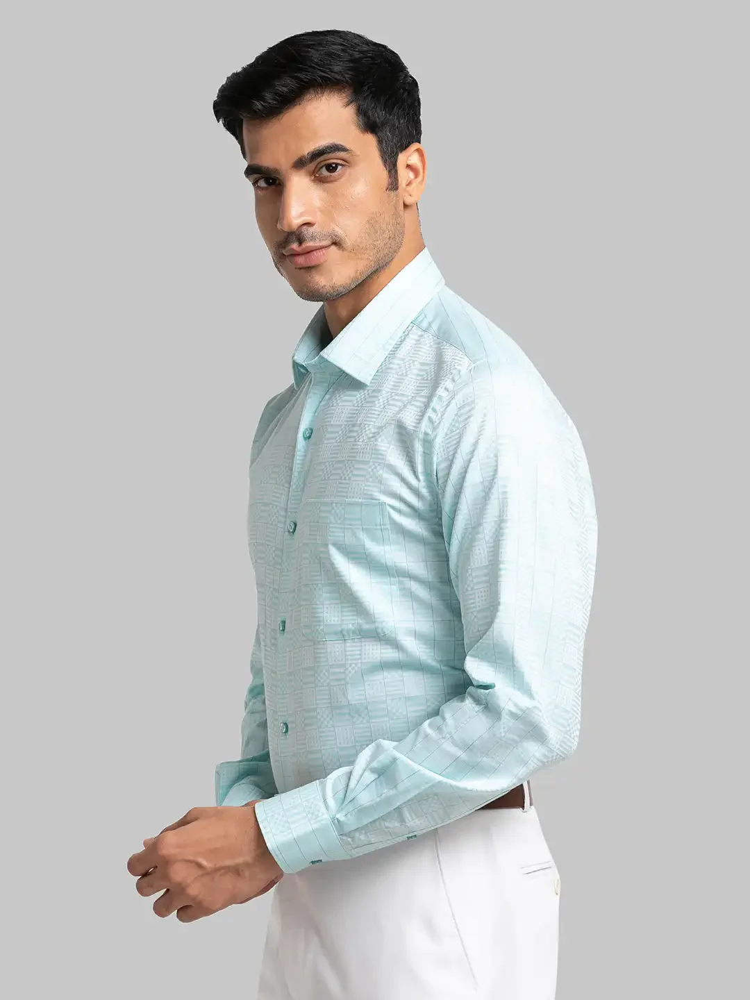 Men Green Contemporary Fit Checks Cotton Cut Collar Shirts - Image 3