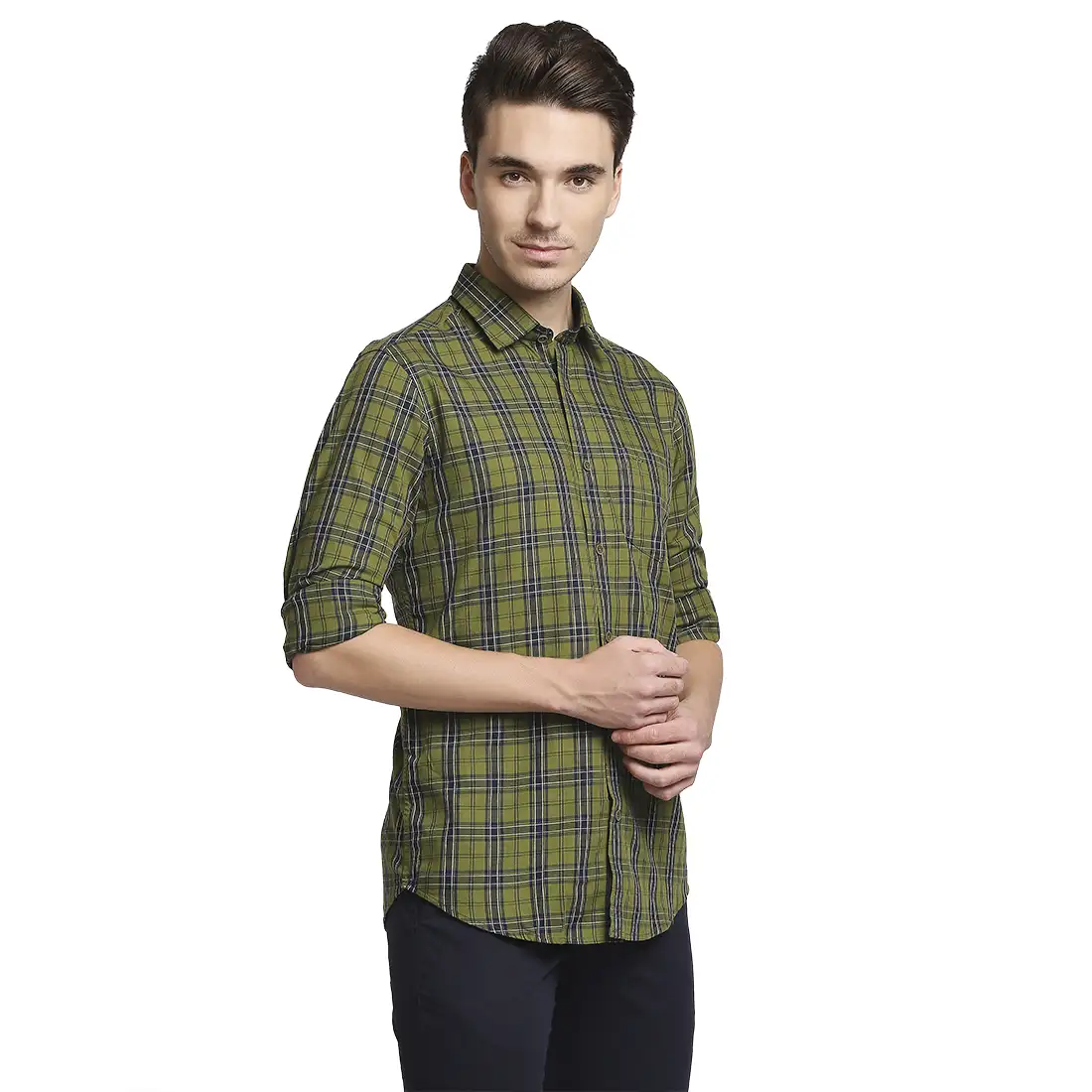 Men Green Contemporary Fit Checks Cotton Full Sleeve Shirts - Image 2