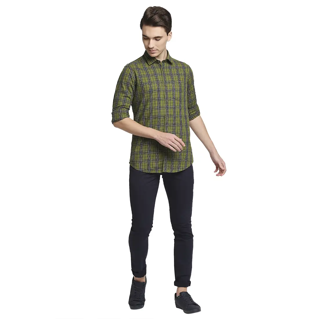 Men Green Contemporary Fit Checks Cotton Full Sleeve Shirts - Image 5