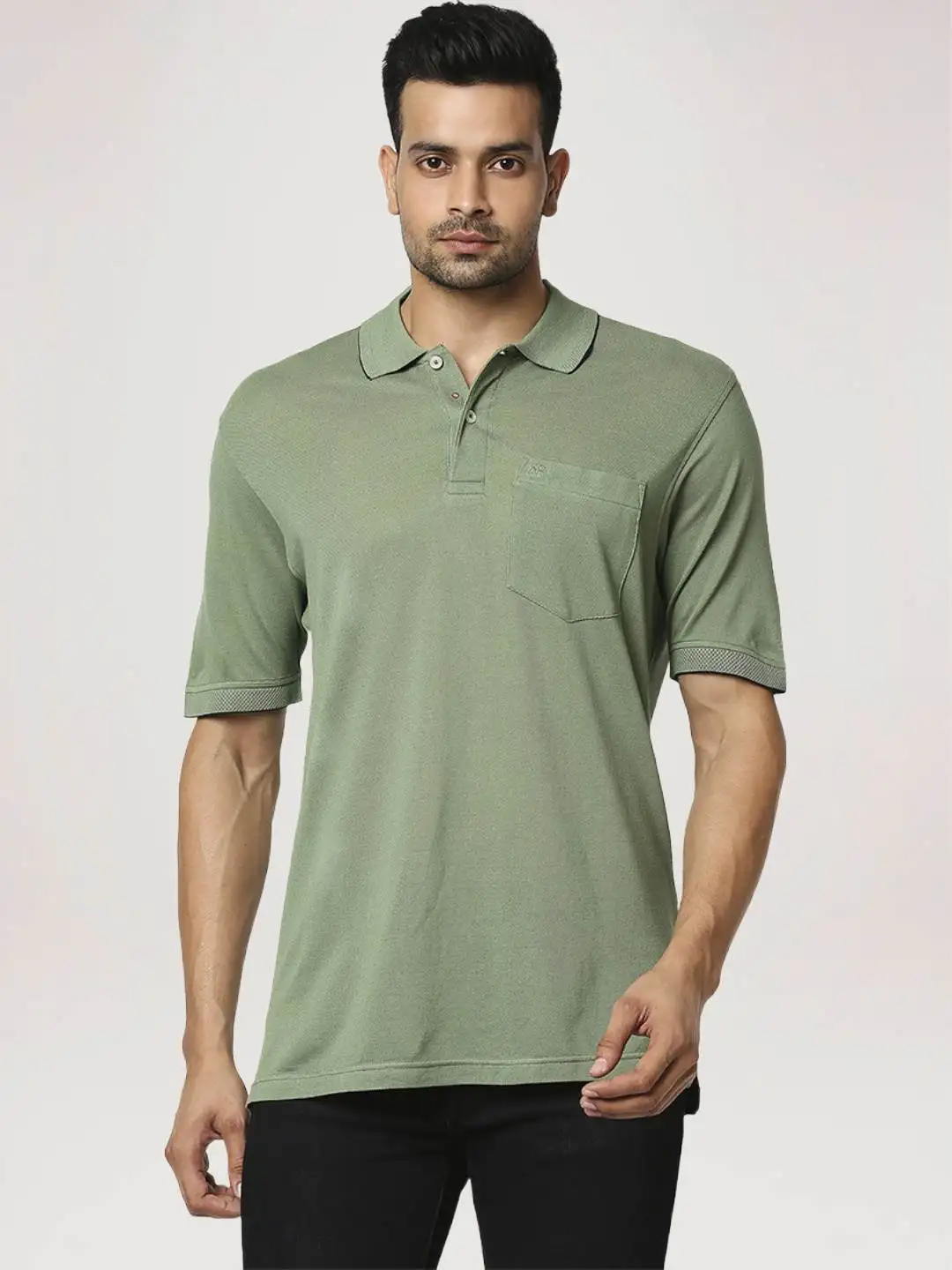 Men Green Contemporary Fit Jacquard Cotton Polo T-Shirt - Image 3