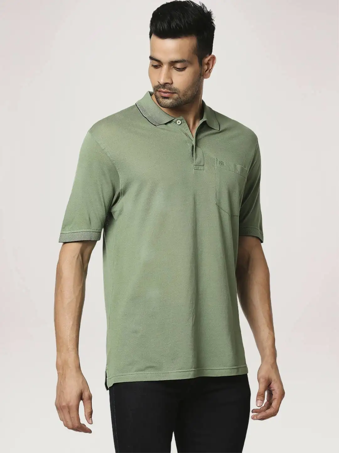 Men Green Contemporary Fit Jacquard Cotton Polo T-Shirt - Image 4