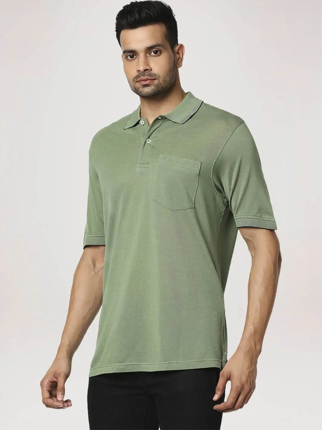 Men Green Contemporary Fit Jacquard Cotton Polo T-Shirt - Image 5