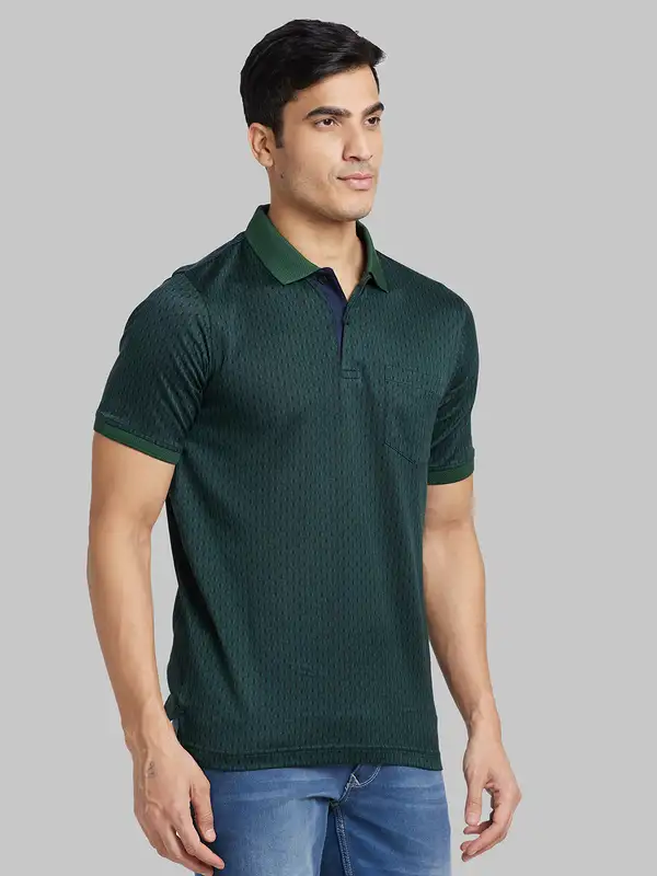 Men Green Contemporary Fit Jacquard Cotton T-Shirt - Image 2