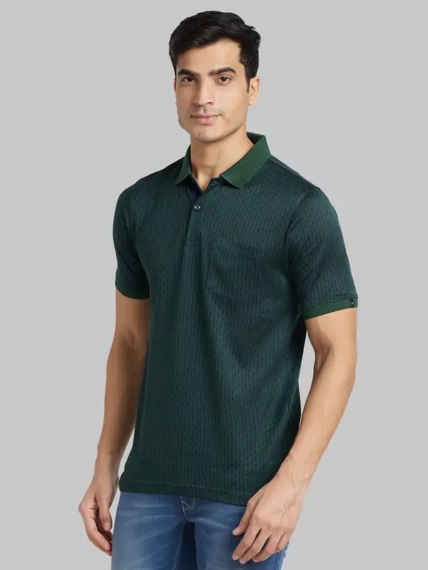 Men Green Contemporary Fit Jacquard Cotton T-Shirt - Image 3
