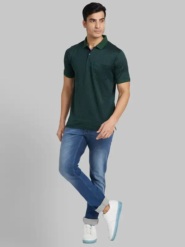 Men Green Contemporary Fit Jacquard Cotton T-Shirt - Image 5