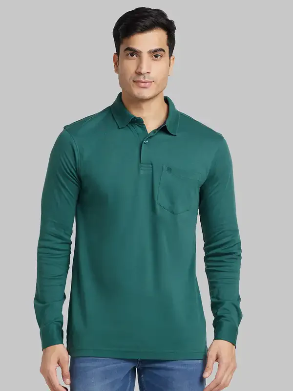 Men Green Contemporary Fit Solid Cotton Polo T-Shirt