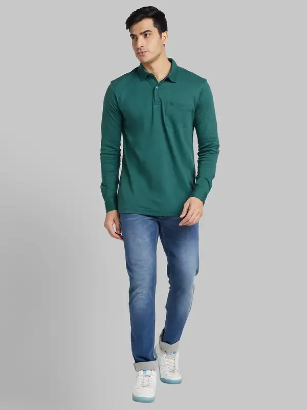 Men Green Contemporary Fit Solid Cotton Polo T-Shirt - Image 5
