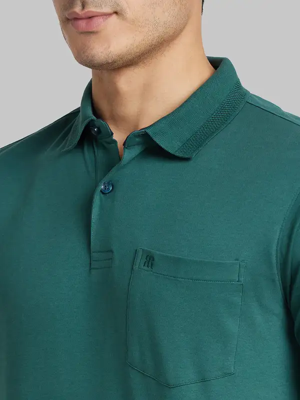 Men Green Contemporary Fit Solid Cotton Polo T-Shirt - Image 6