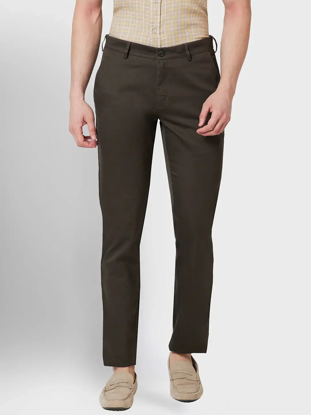 Men Green Contemporary Fit Solid Piece Dyed Cotton Trouser