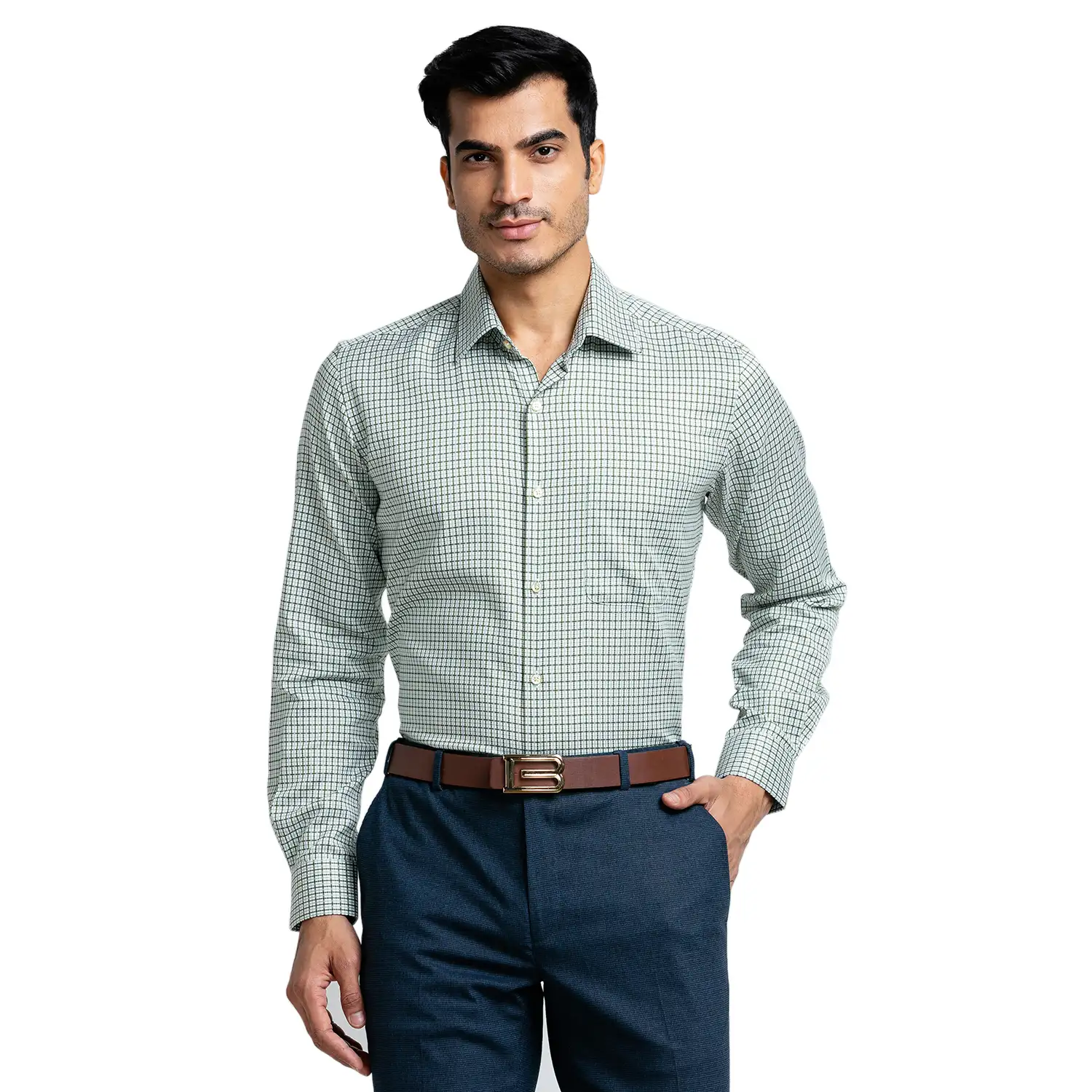 Men Green Contemporary Fit Structure Cotton Cut Collar Shirts