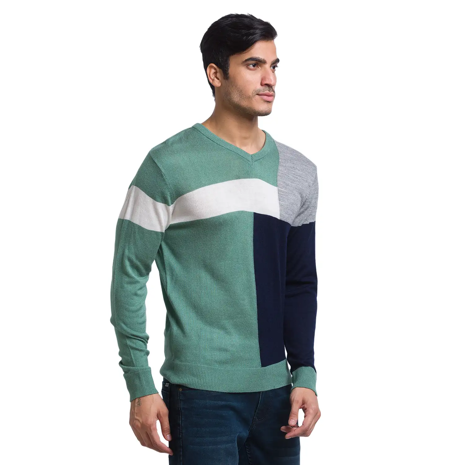 Men Green Intarsia Acrylic Full Sleeve Sweaters - Image 2
