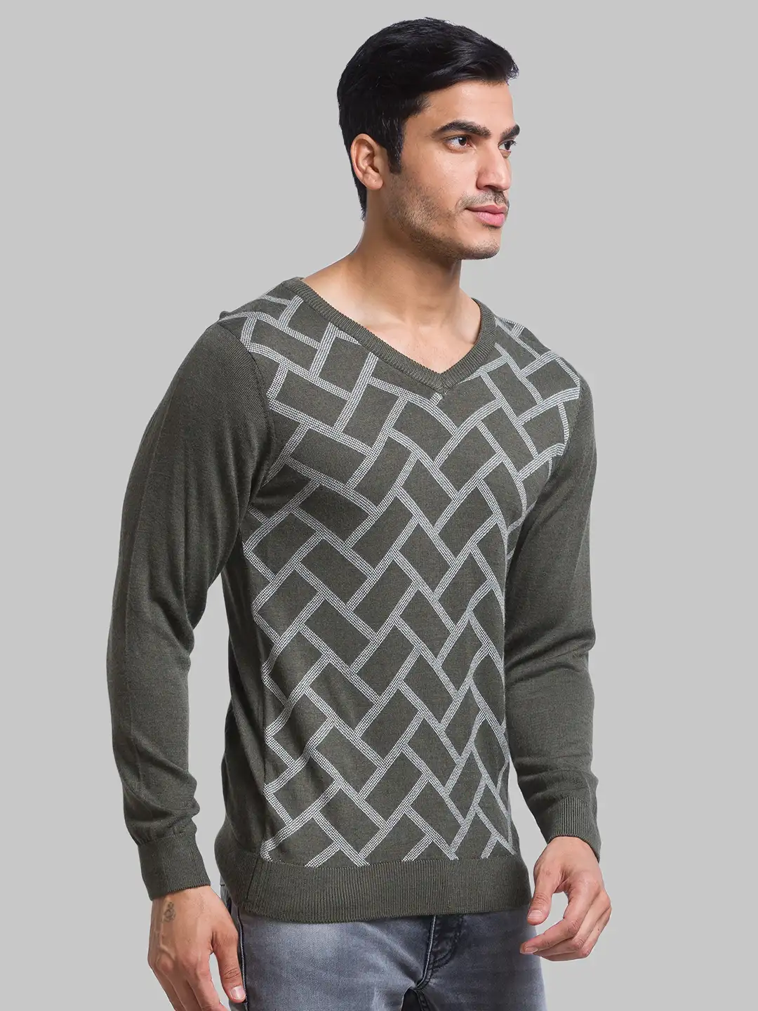 Men Green Jacquard Acrylic Blend Full Sleeve Sweaters - Image 2