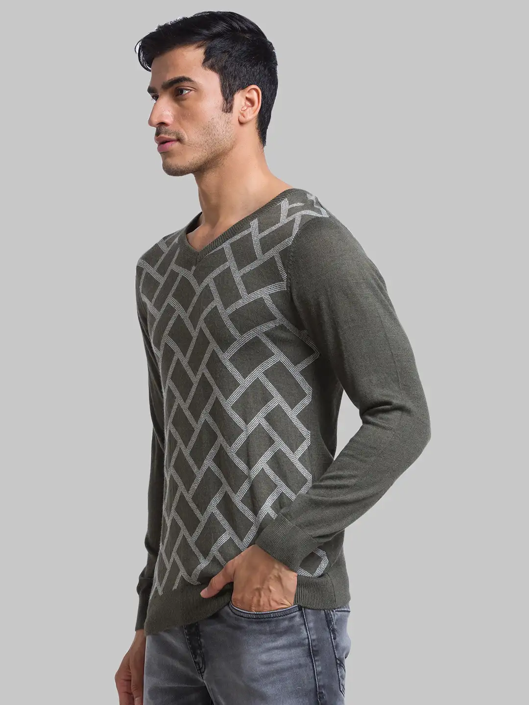 Men Green Jacquard Acrylic Blend Full Sleeve Sweaters - Image 3