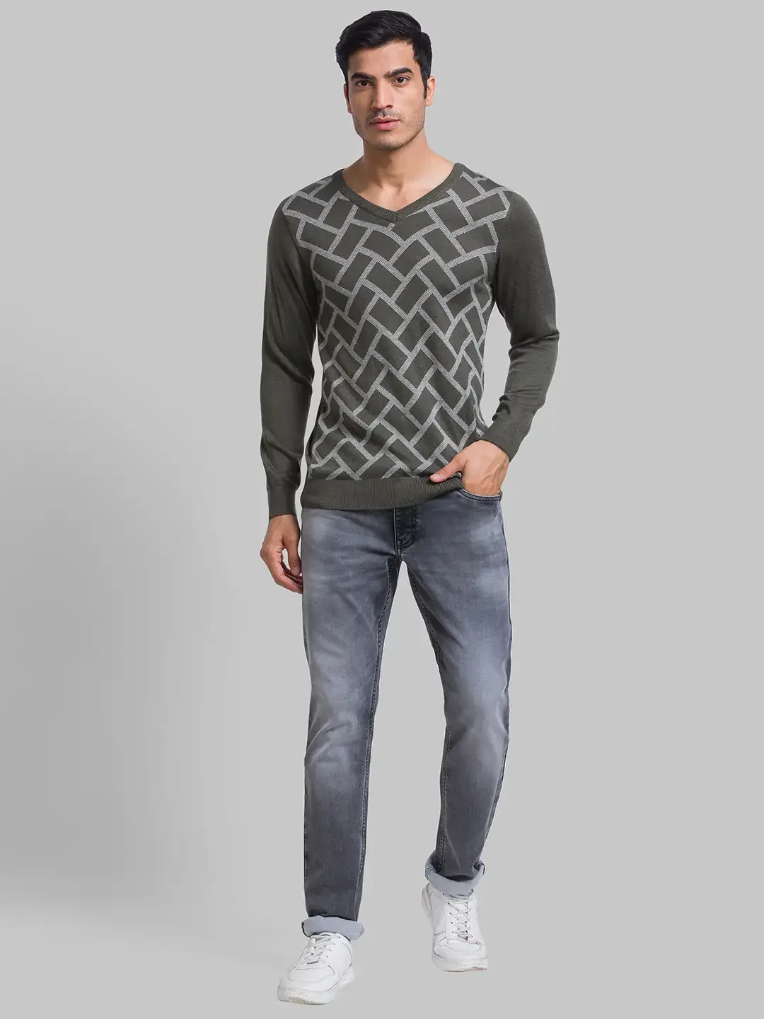 Men Green Jacquard Acrylic Blend Full Sleeve Sweaters - Image 5