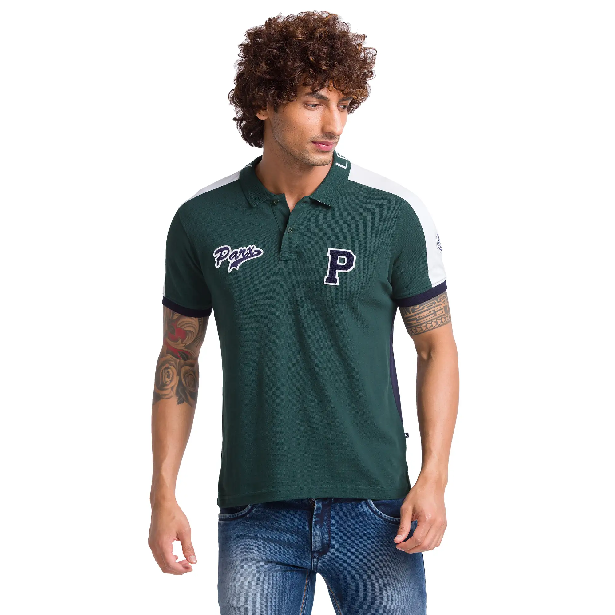Men Green Regular Fit Cut & Sew Cotton Round Neck Collar Polo T-Shirt - Image 3