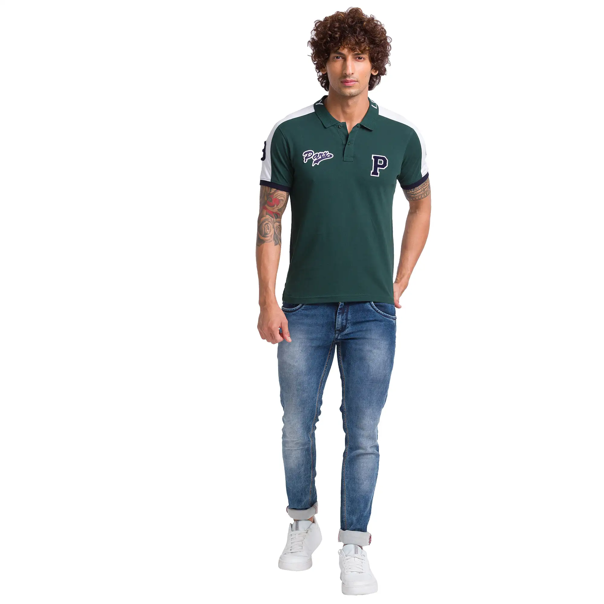 Men Green Regular Fit Cut & Sew Cotton Round Neck Collar Polo T-Shirt - Image 5