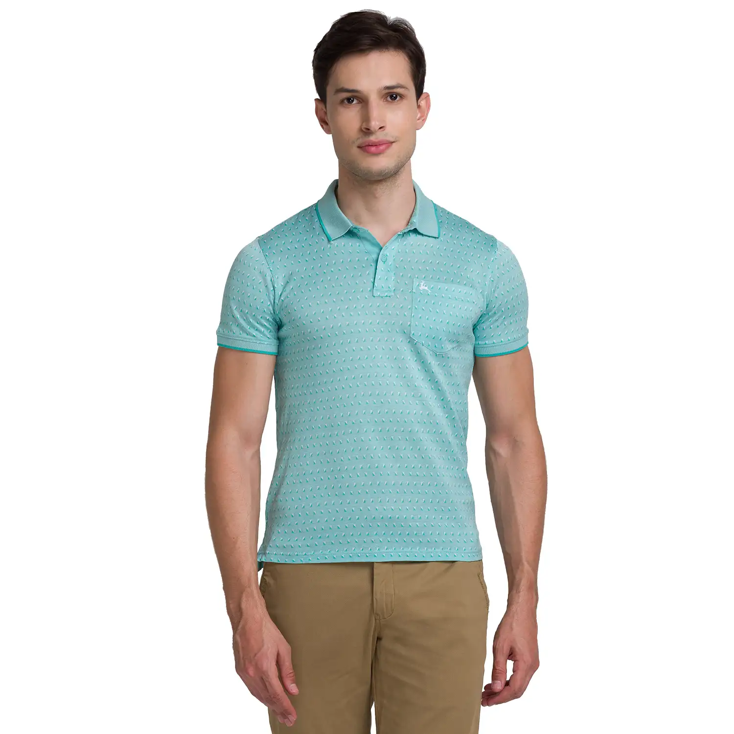 Men Green Regular Fit Jacquard Cotton Round Neck Collar Polo T-Shirt