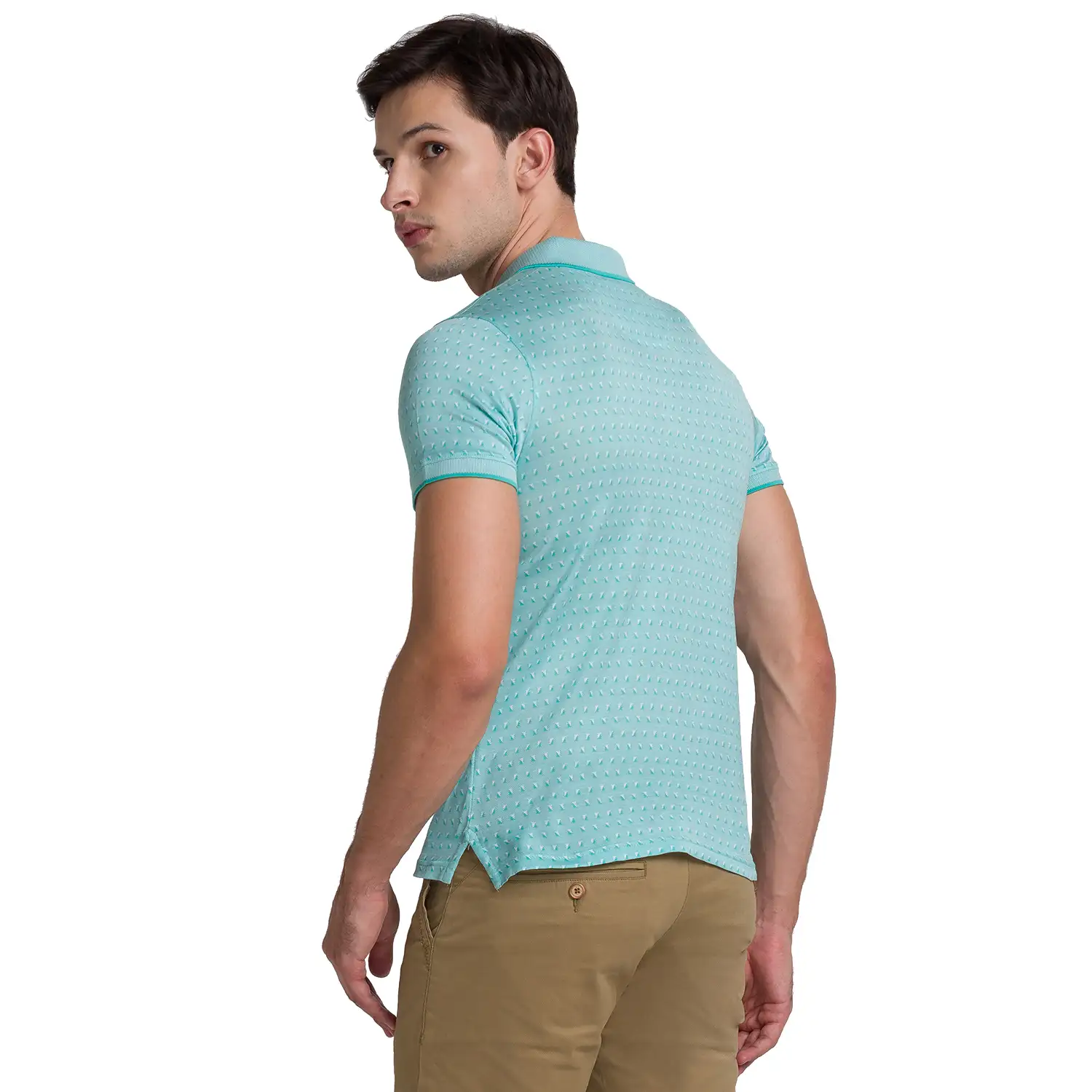 Men Green Regular Fit Jacquard Cotton Round Neck Collar Polo T-Shirt - Image 4