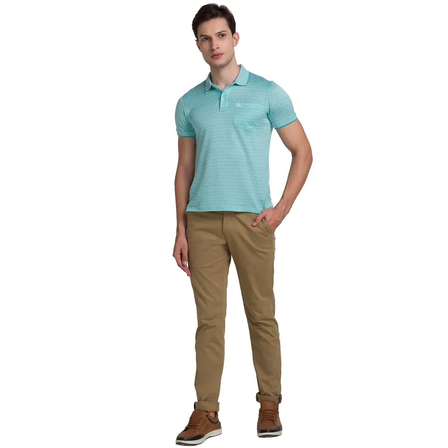 Men Green Regular Fit Jacquard Cotton Round Neck Collar Polo T-Shirt - Image 5