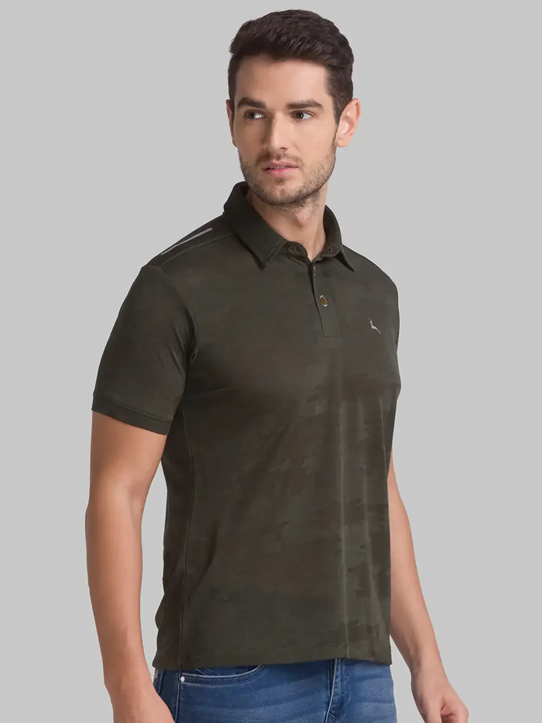 Men Green Regular Fit Jacquard Polyester Round Neck Collar Polo T-Shirt - Image 2