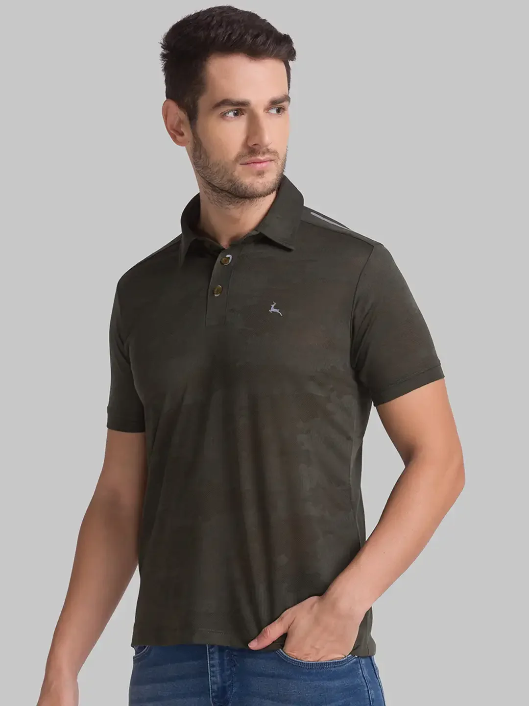 Men Green Regular Fit Jacquard Polyester Round Neck Collar Polo T-Shirt - Image 3